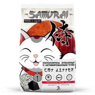 Наполнитель Самурай для кошачьего туалета, бумажный с активированным углем, 7л.