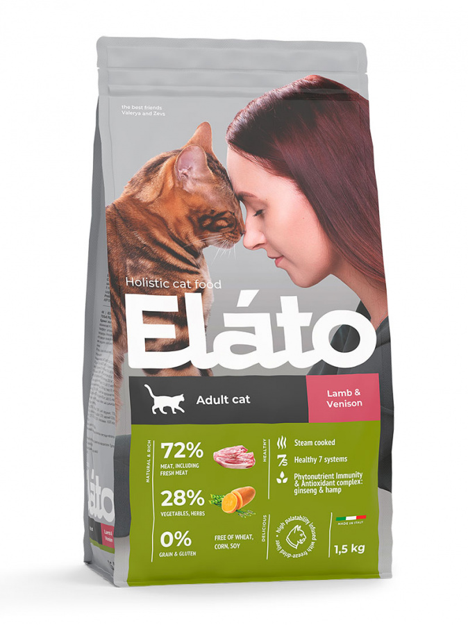 Корм сухой Elato Holistic Сat для взрослых кошек, с ягненком и олениной 1,5 кг