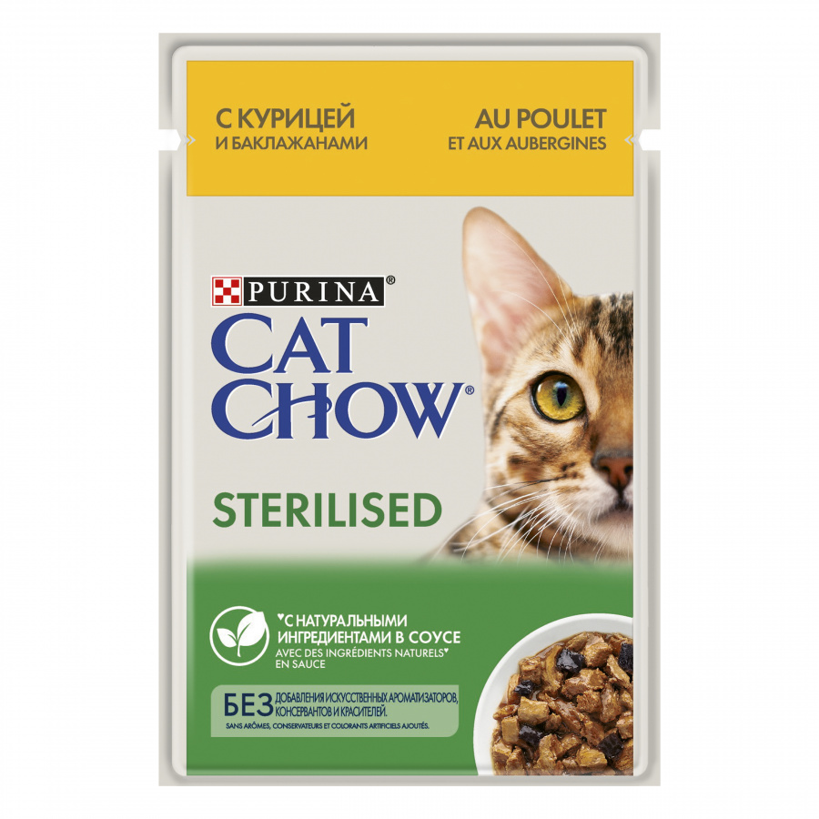Влажный корм Cat Chow для взрослых стерилизованных кошек и кастрированных котов, с курицей и баклажанами в соусе, 85 гр.