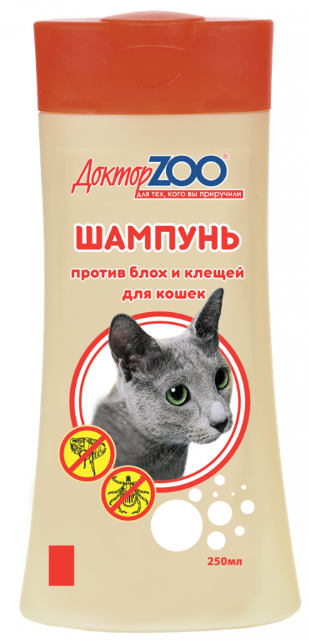 Шампунь Доктор ZOO  для кошек, от блох и клещей, 250 мл.