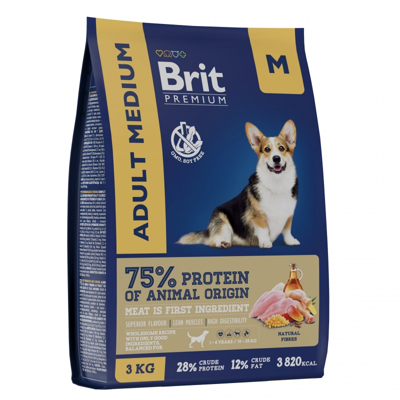 Сухой корм для собак средних пород Brit Premium Dog Adult Medium с курицей 3 кг