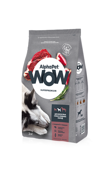 Корм сухой для взрослых собак средних пород ALPHAPET WOW  с говядиной и сердцем 2 кг