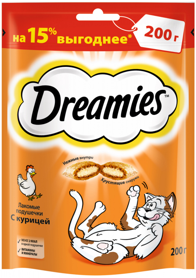 Лакомство Dreamies подушечки для кошек, c курицей, 200 г