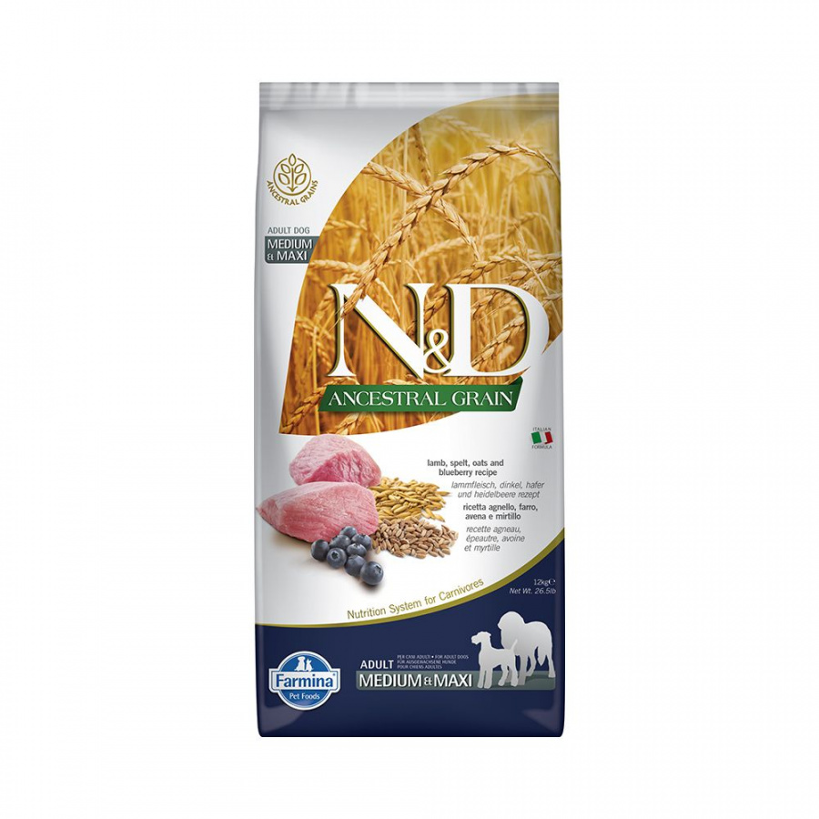 Корм сухой Farmina N&D Ancestral Grain Medium & Maxi низкозерновой для взрослых собак средних и крупных пород, с ягнёнком и черникой 12 кг