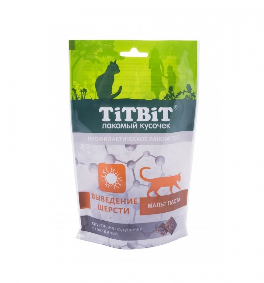 Лакомство для кошек TiTBit Хрустящие подушечки с говядиной, для выведения шерсти 60 г