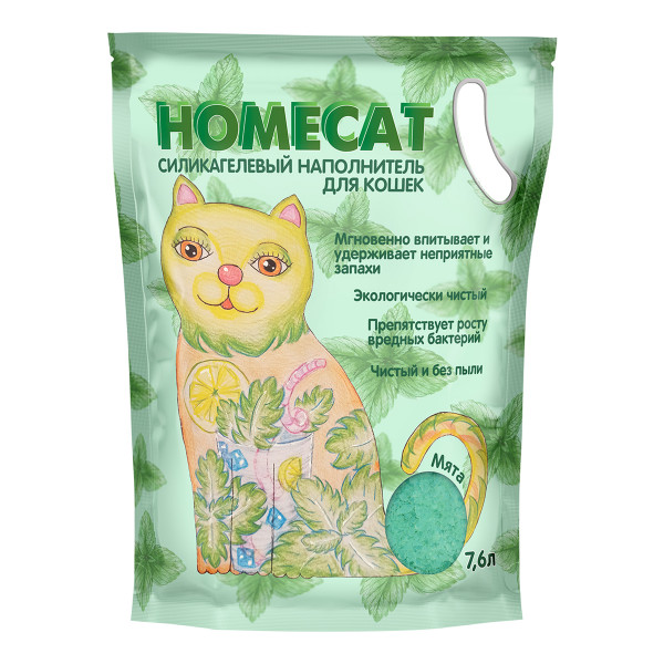 Наполнитель силикагелевый HOMECAT для кошачьих туалетов, с ароматом мяты 7,6 л