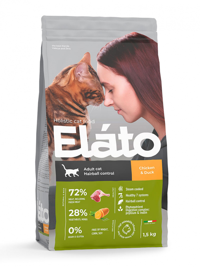 Корм сухой Elato Holistic Сat Hairball Control для взрослых кошек, для выведения комочков шерсти из желудка, с курицей и уткой 1,5 кг