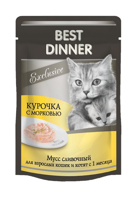Мусс сливочный Best Dinner Exclusive для взрослых кошек и котят с 1 месяца, с курицей и морковью, 85 г