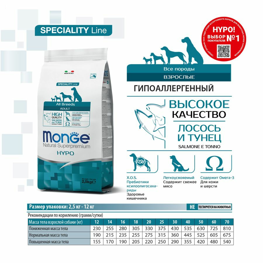 Сухой корм Monge Dog Speciality Hypoallergenic для собак гипоаллергенный лосось с тунцом, 12 кг