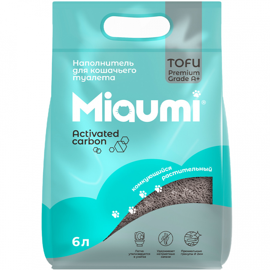 Комкующийся наполнитель для кошачьего туалета Miaumi TOFU Activated Carbon  с активированным углем 6л