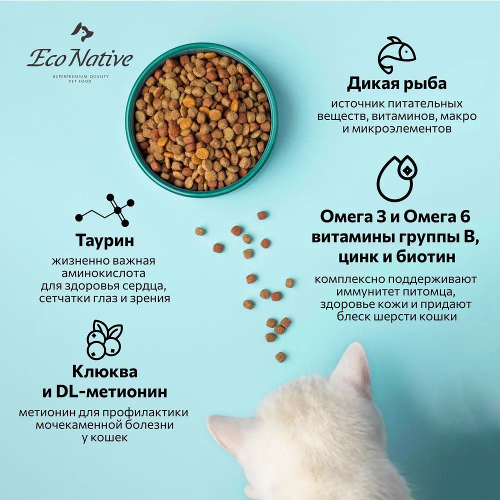 Сухой корм для стерилизованных кошек EcoNative из дикой рыбы, овощей и клюквы, 500 г