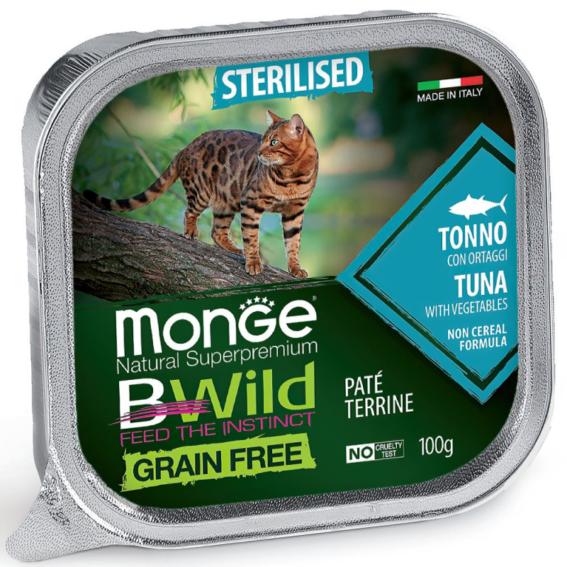Консервы Monge беззерновые для взрослых стерилизованных кошек, из тунца с овощами в паштете, 100 гр.