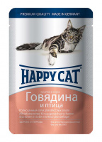 Влажный корм HAPPY CAT для взрослых кошек, с говядиной и птицей в соусе 100 г