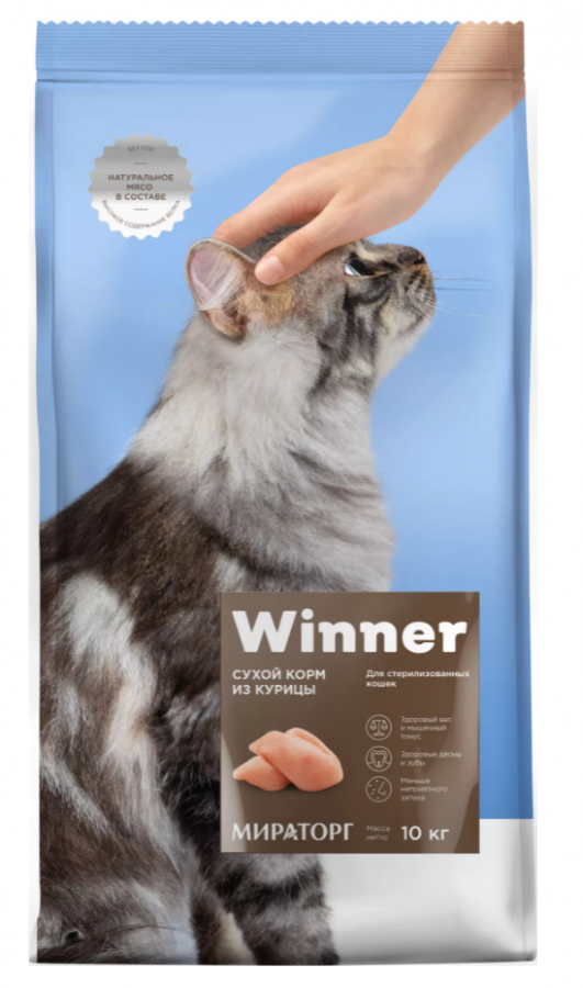 Корм сухой Winner для взрослых стерилизованных кошек, из курицы 10 кг