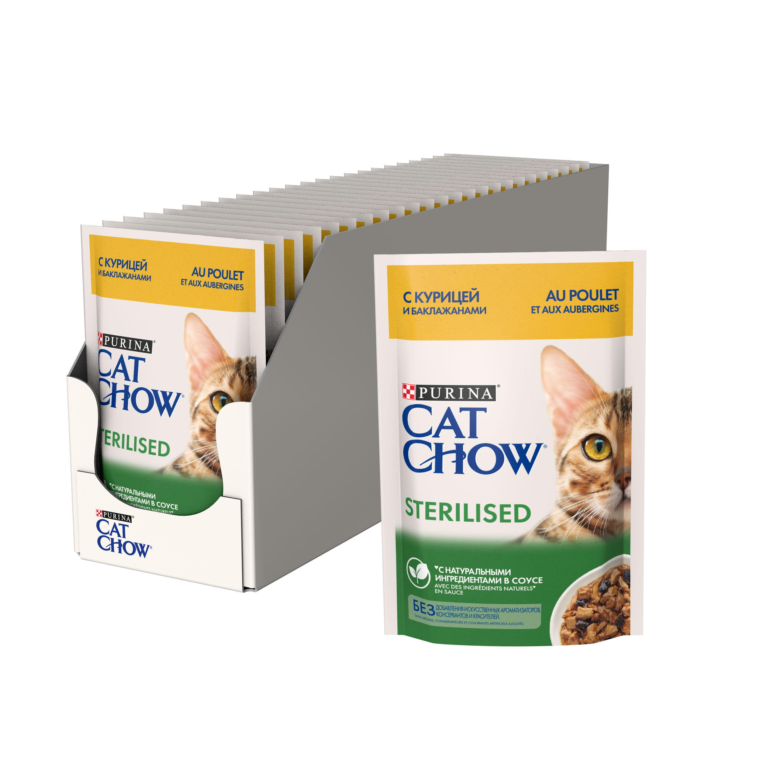 Влажный корм Cat Chow для взрослых стерилизованных кошек и кастрированных котов, с курицей и баклажанами в соусе, 85 гр.