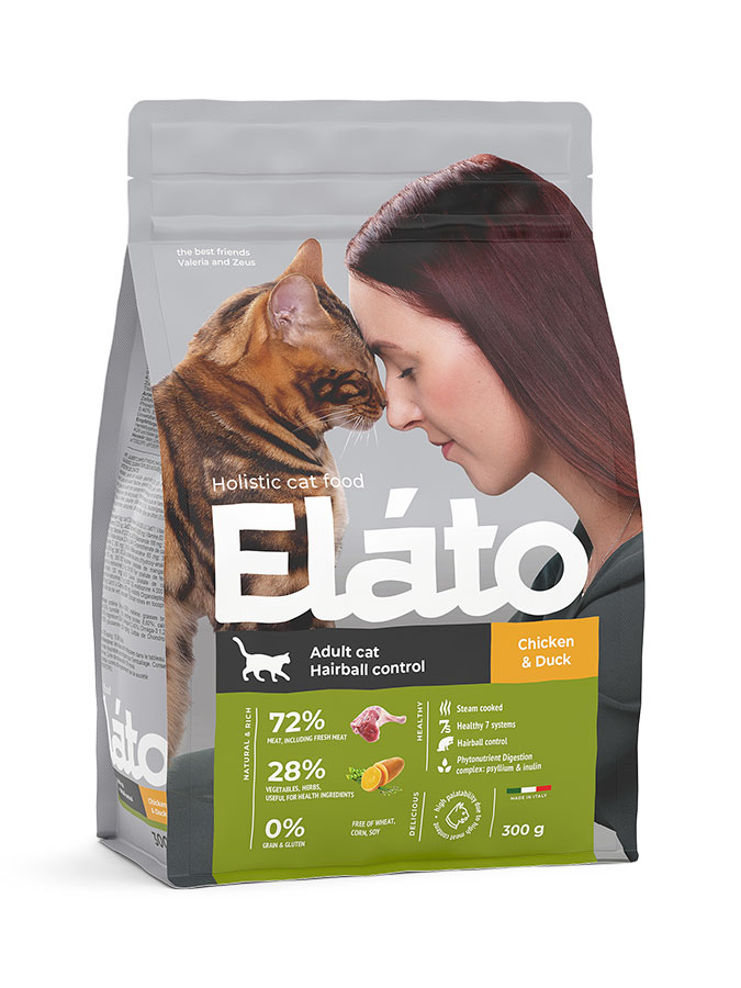 Корм сухой Elato Holistic Сat Hairball Control для взрослых кошек, для выведения комочков шерсти из желудка, с курицей и уткой 300 г