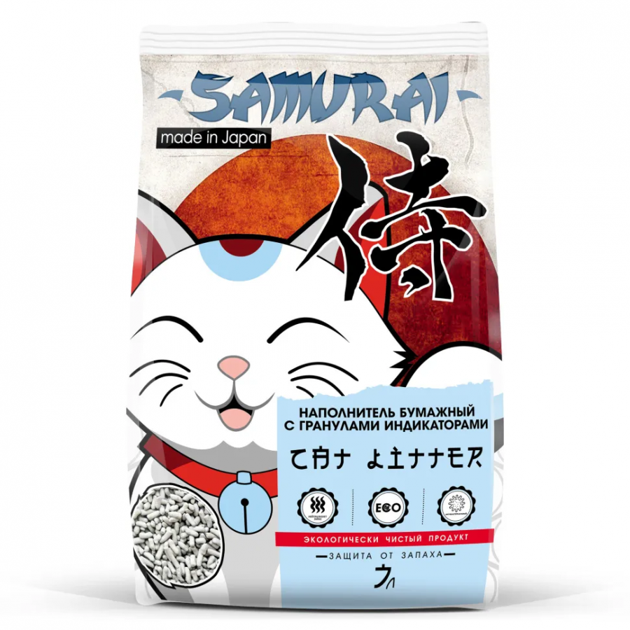 Наполнитель Samurai для кошачьего туалета, бумажный, с гранулами индикаторами, комкующийся 7 л