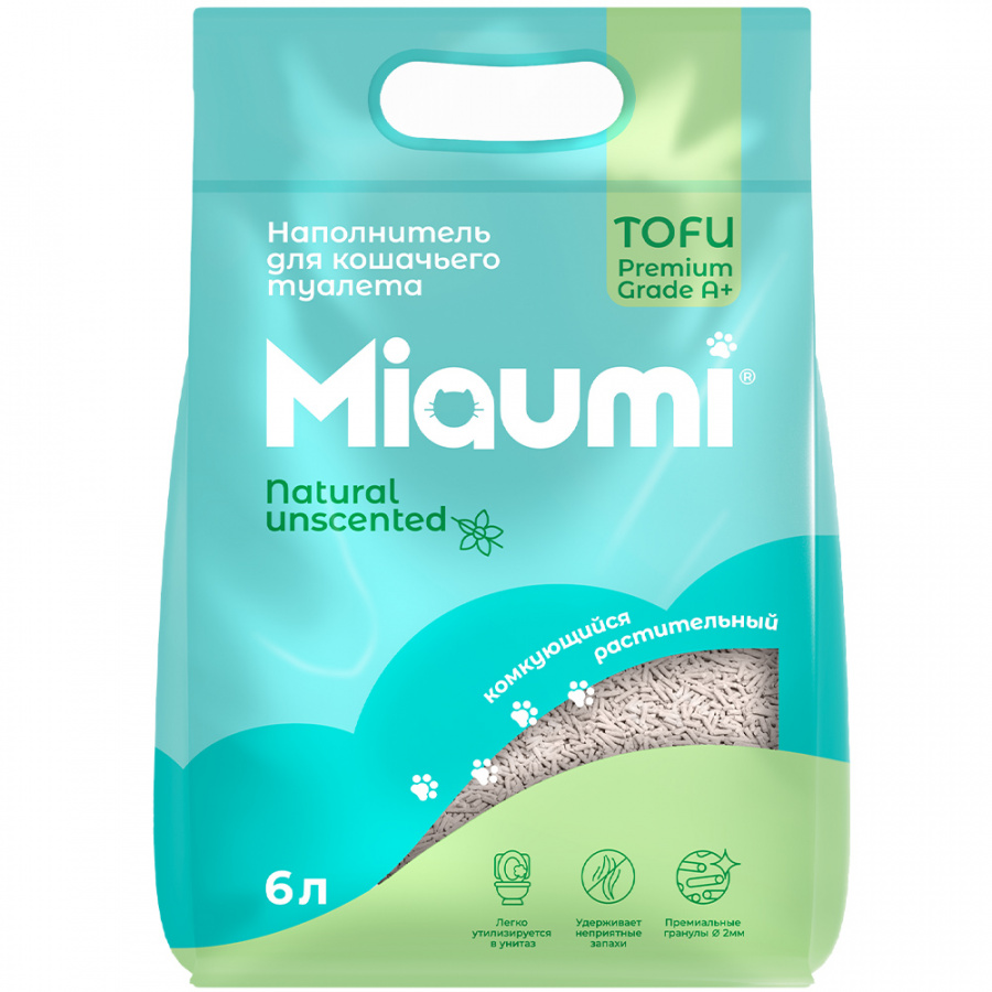 Комкующийся наполнитель для кошачьего туалета Miaumi TOFU Natural соевый, без ароматизатора 6 л