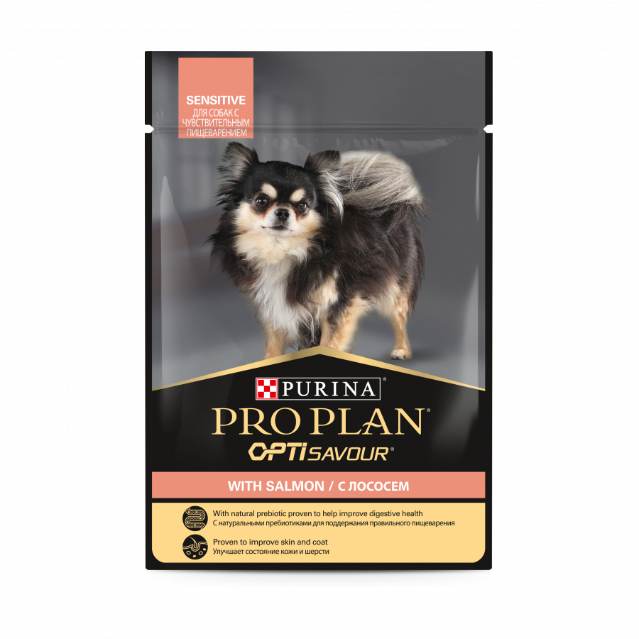 Влажный корм Pro Plan для взрослых собак с чувствительным пищеварением, с лососем в соусе, 85 г