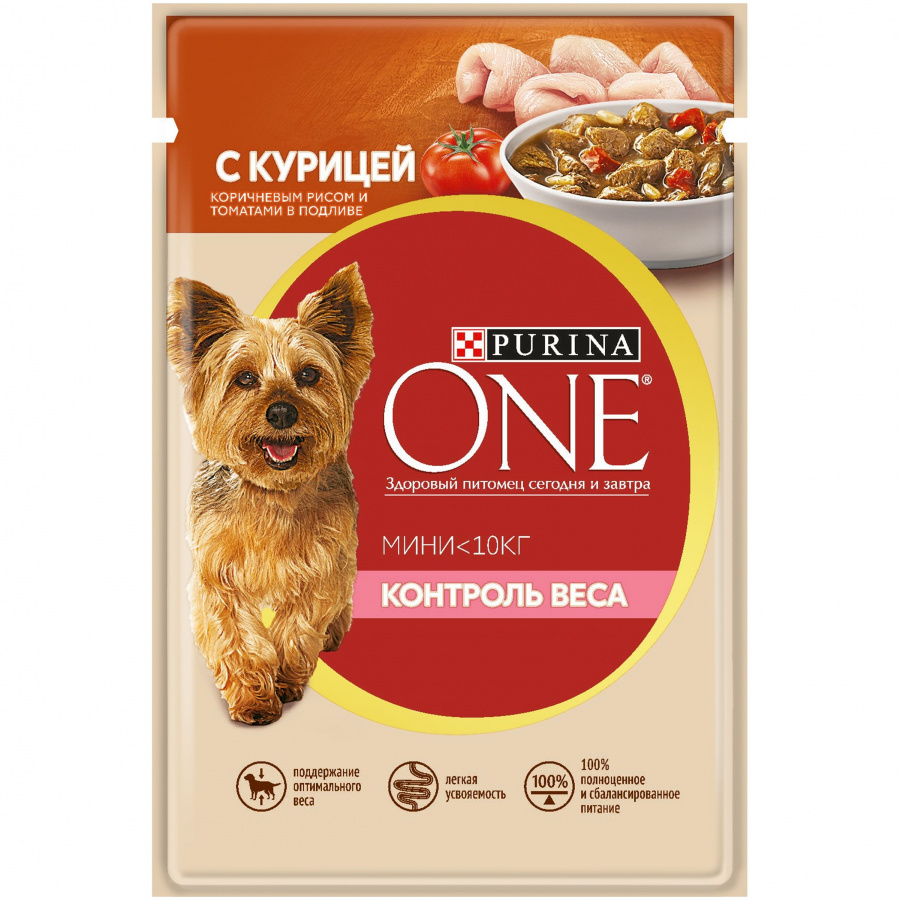 Влажный корм Purina ONE Контроль веса для собак мелких пород, с курицей, рисом и томатами в подливе, 85 г