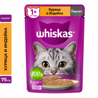 Влажный корм для взрослых кошек WHISKAS паштет с курицей и индейкой, 75г