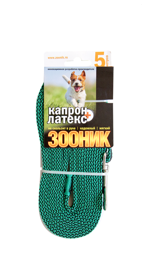 Поводок для собак Зооник капроновый с латексной нитью, зеленый 5 м