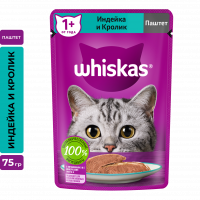 Влажный корм для кошек WHISKAS паштет с индейкой и кроликом, 75г