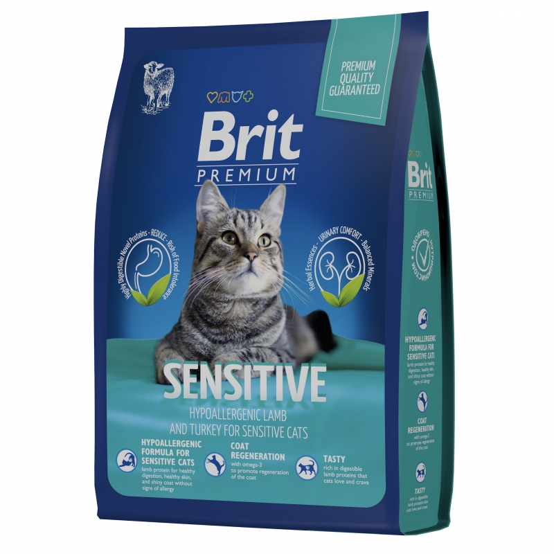 Сухой корм для кошек с чувствительным пищеварением Brit Premium Cat Sensitive с индейкой и ягненком 2 кг