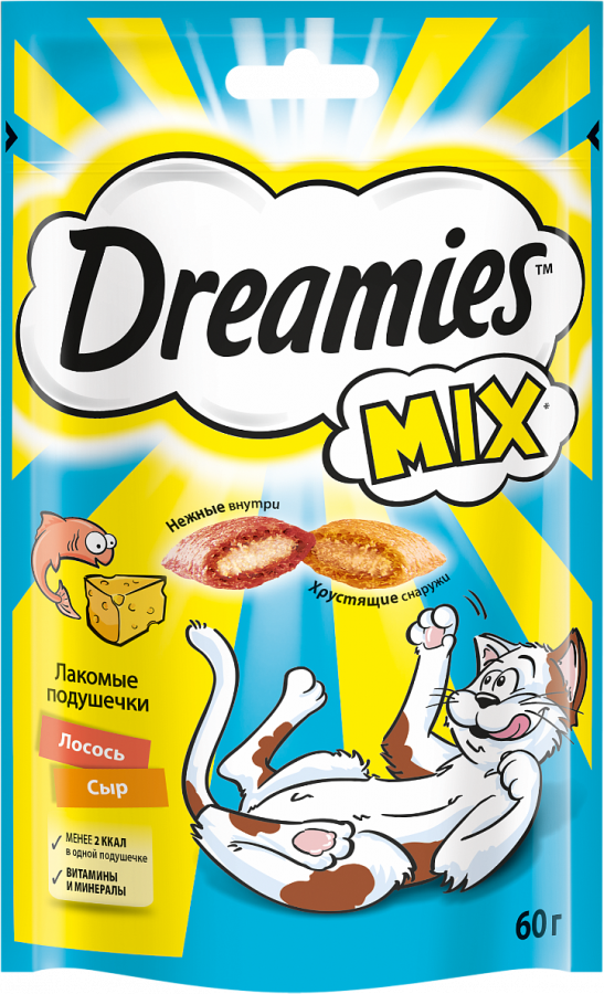 Лакомство Dreamies Mix подушечки для кошек, с лососем и сыром, 60 гр.
