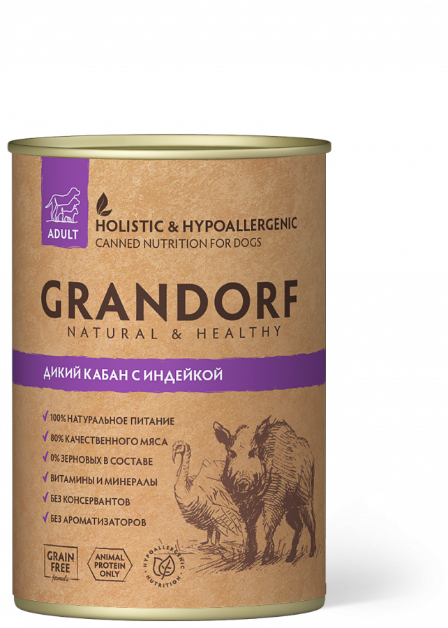 Консервы Grandorf для взрослых собак от 1 года, с мясом дикого кабана и индейкой, 400 г