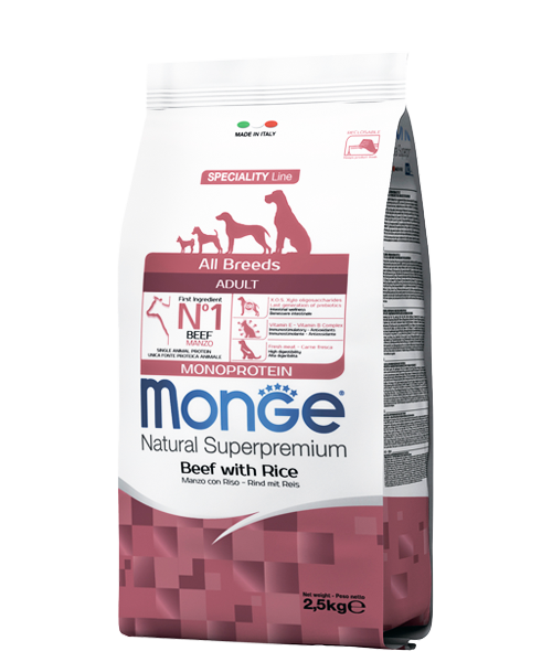 Корм сухой Monge Dog Monoprotein All Breeds Beef and Rice для собак всех пород, говядина с рисом, 2,5 кг