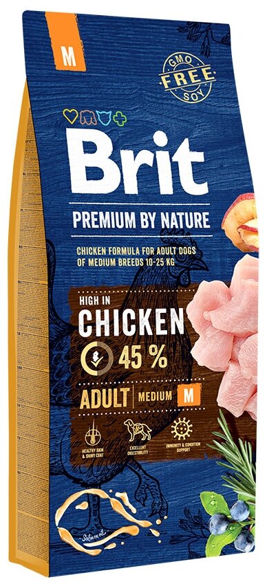 Корм сухой Brit Premium by Nature Adult M для взрослых собак средних пород, 15 кг.