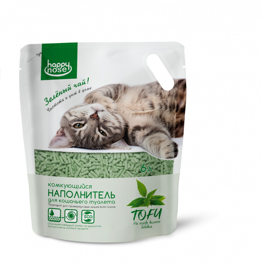 Комкующийся наполнитель для кошачьего туалета Happy Nose Tofu зелёный чай, 6л