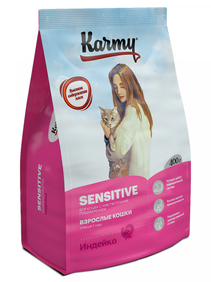 Корм сухой Karmy Sensitive для взрослых кошек с чувствительным пищеварением, с индейкой 400 г