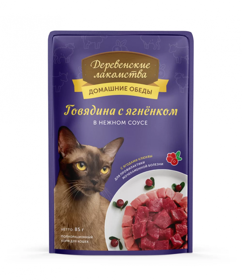 Влажный корм для кошек Деревенские Лакомства говядина с ягнёнком в соусе, 85 г