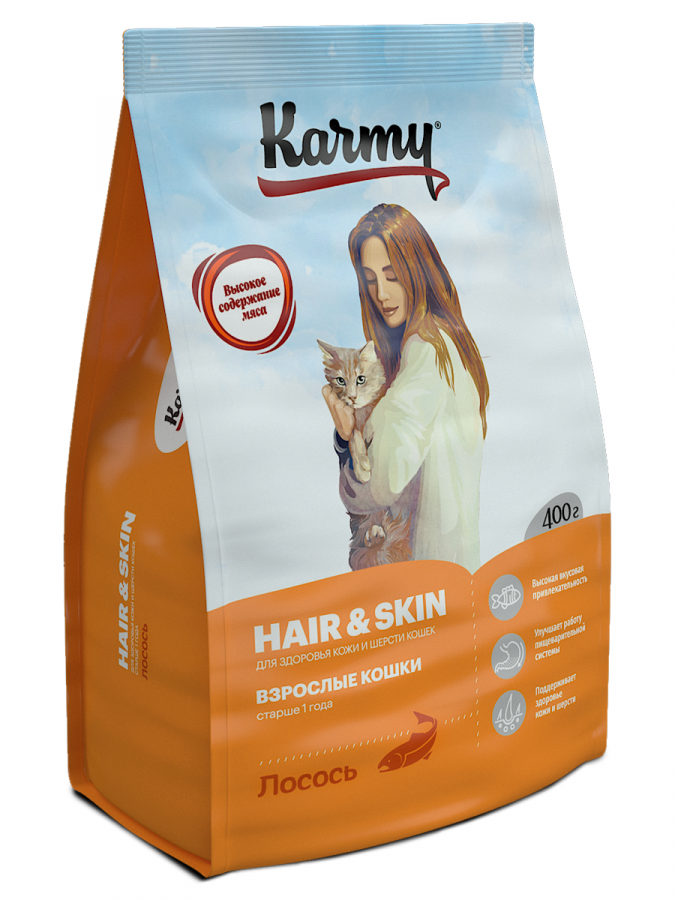 Корм сухой Karmy Hair & Skin для взрослых кошек, для здоровья кожи и шерсти 400 г